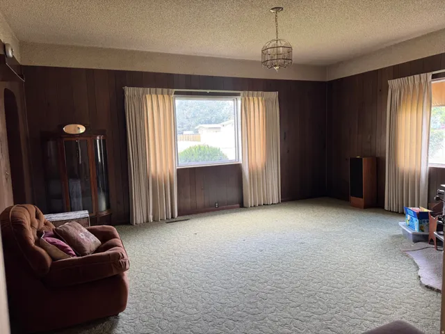 Spacious interior featuring wood-paneled walls, multiple windows, and a ceiling-mounted light fixture