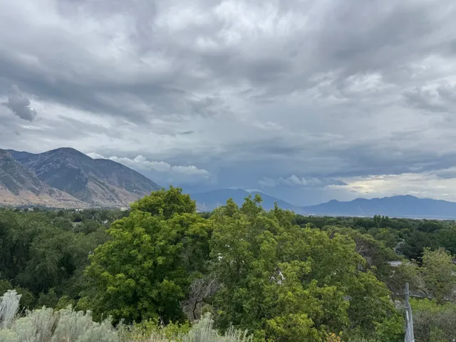 Expansive mountain backdrop with a wide-ranging tree canopy and distant mountain ranges