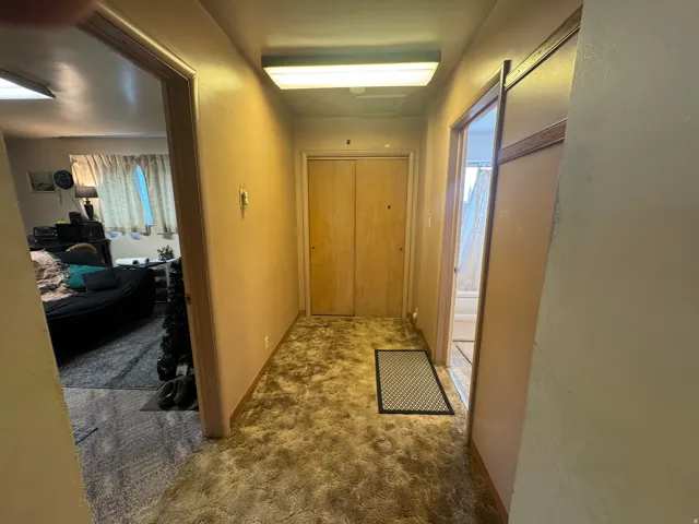 Hallway featuring textured carpet flooring, light peach-toned walls, and a fluorescent ceiling light fixture
