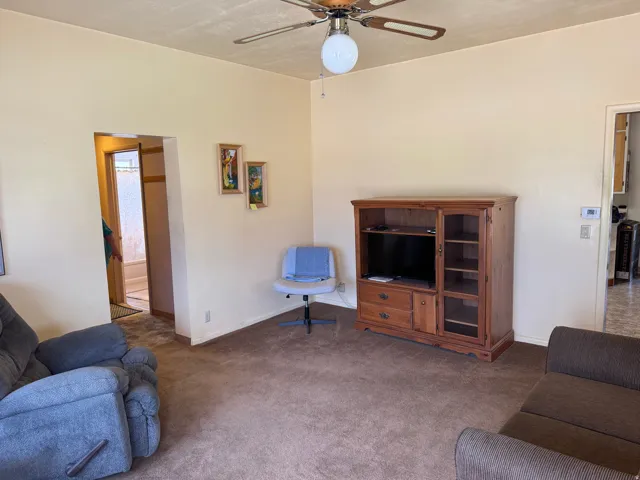 Brown carpeted flooring extending throughout the room