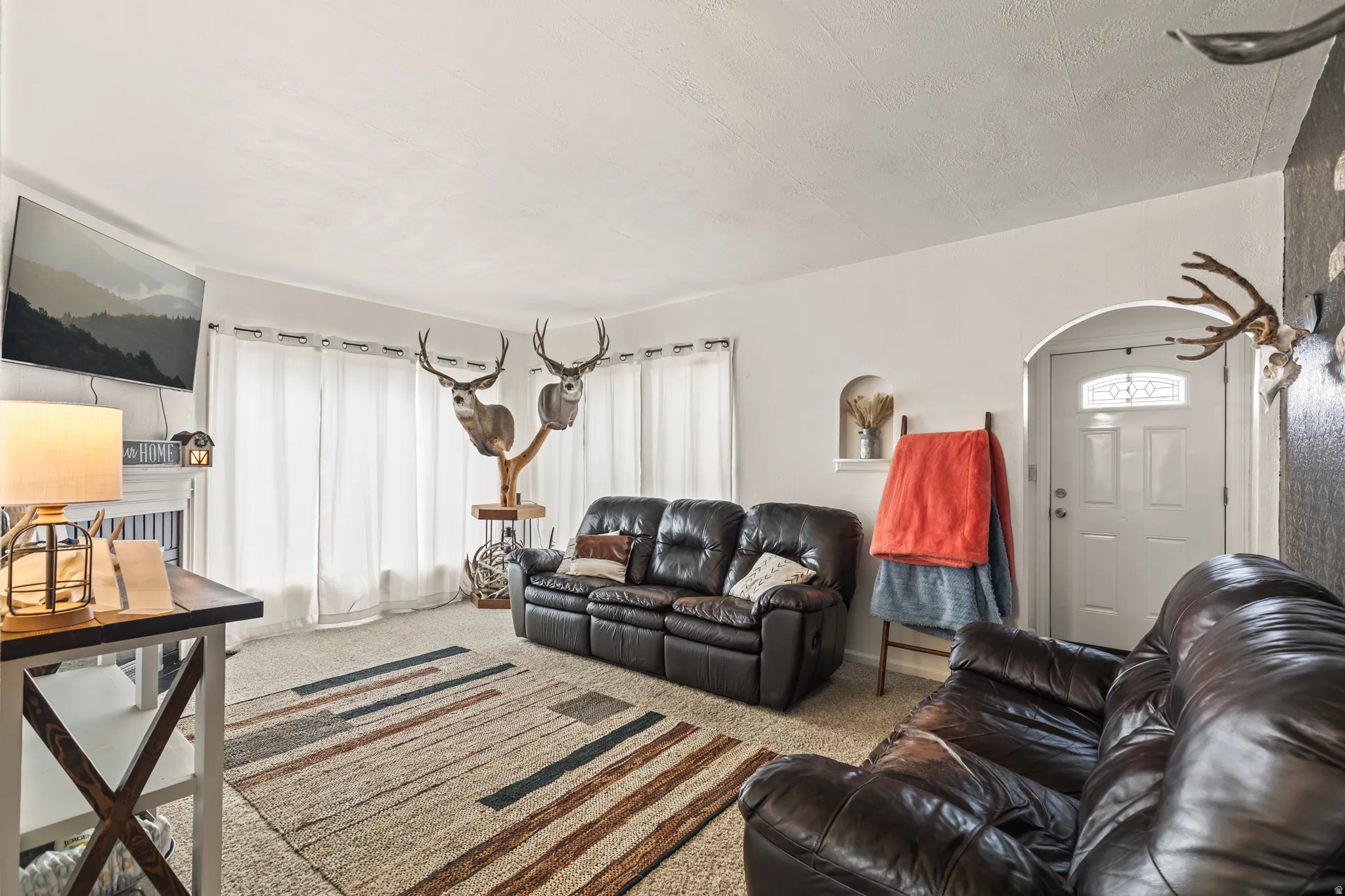 Living area featuring carpet flooring, white walls, and a decorative arched doorway with a white paneled door