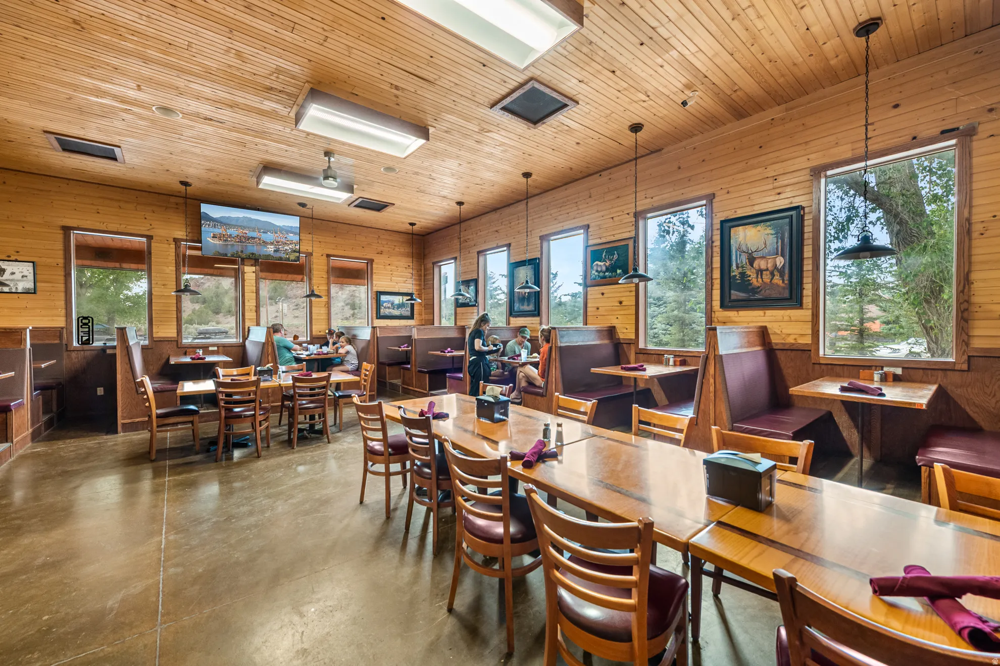 Spacious commercial interior featuring natural wood-paneled walls and ceiling, multiple large windows, and durable concrete flooring