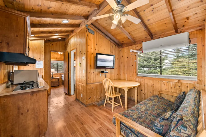 Wood-paneled interior featuring vaulted ceilings with exposed beams and wood-finish flooring