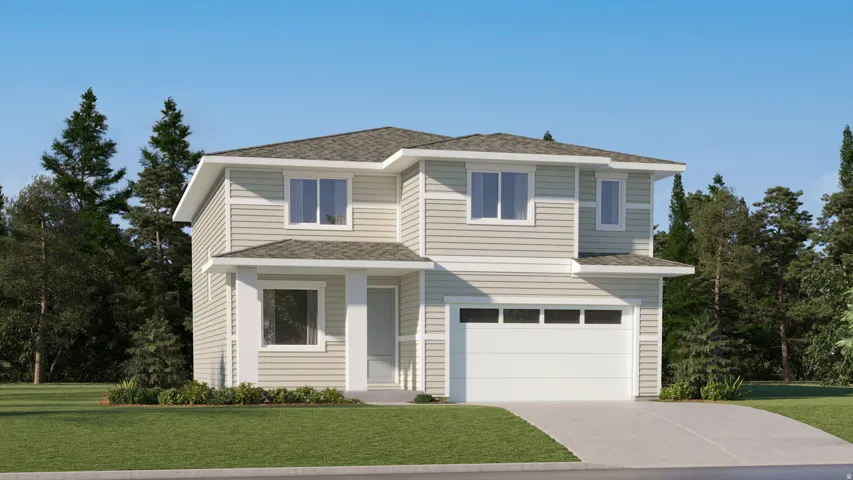 Two-story residence featuring light-toned siding, a multi-pane garage door, and a concrete driveway