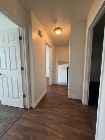 Entryway featuring wood-finish flooring, white baseboards, and a semi-flush mount ceiling light