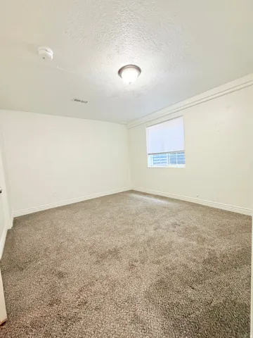 Carpeted room with white walls, crown molding, a flush-mount ceiling light, and a window with blinds