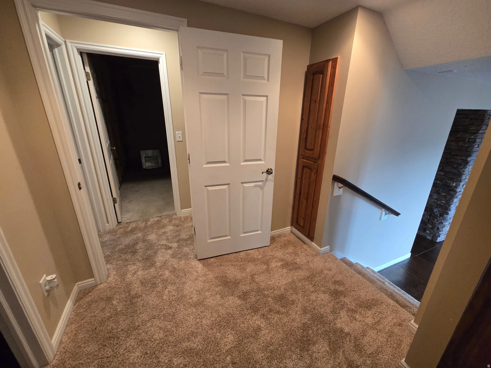 Carpeted hallway with white trim, built-in wooden cabinetry, and a dark wood handrail leading to a lower level