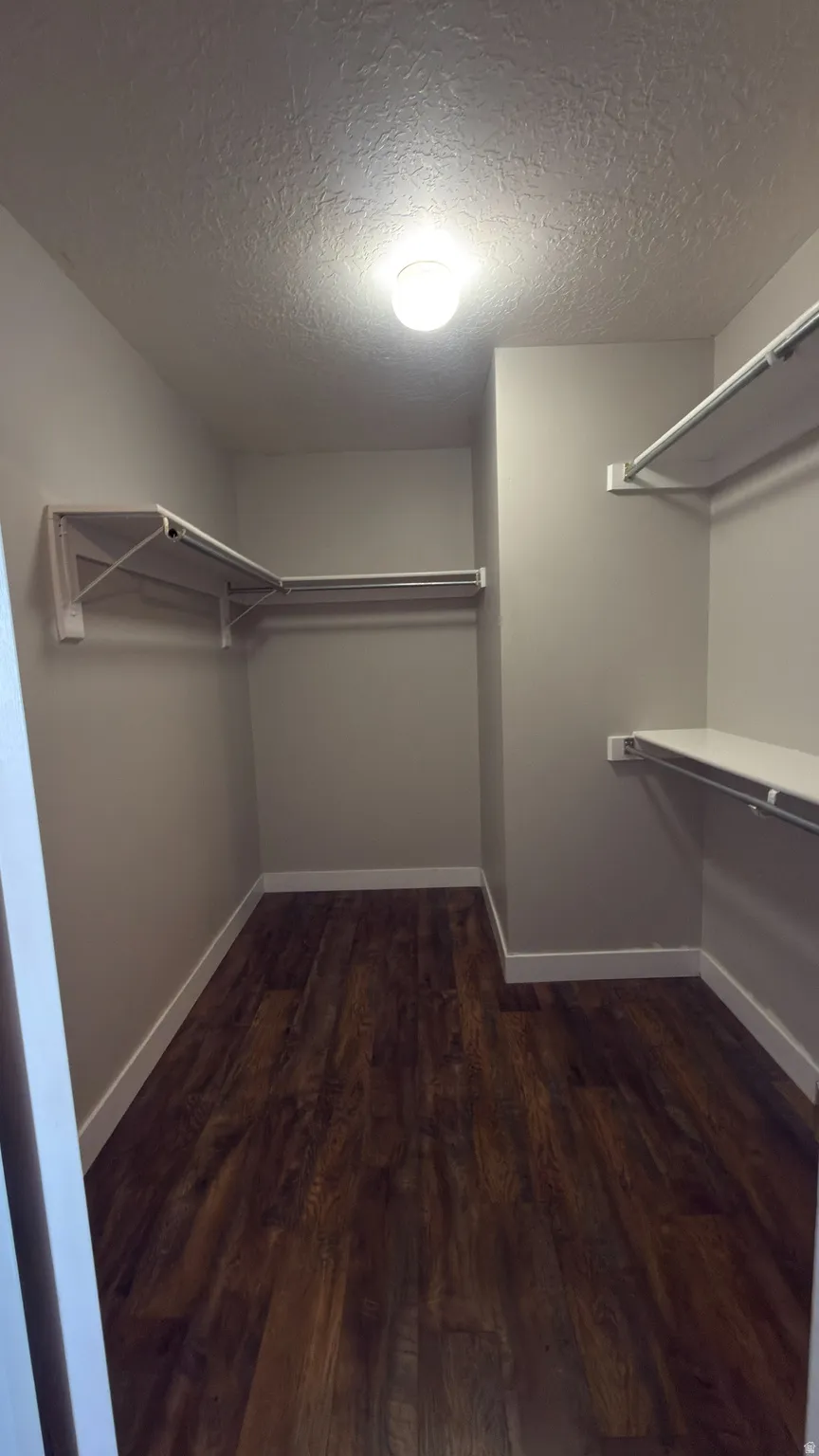 Master Bedroom spacious closet featuring wood-finish flooring, white wire shelving, and a ceiling-mounted light fixture