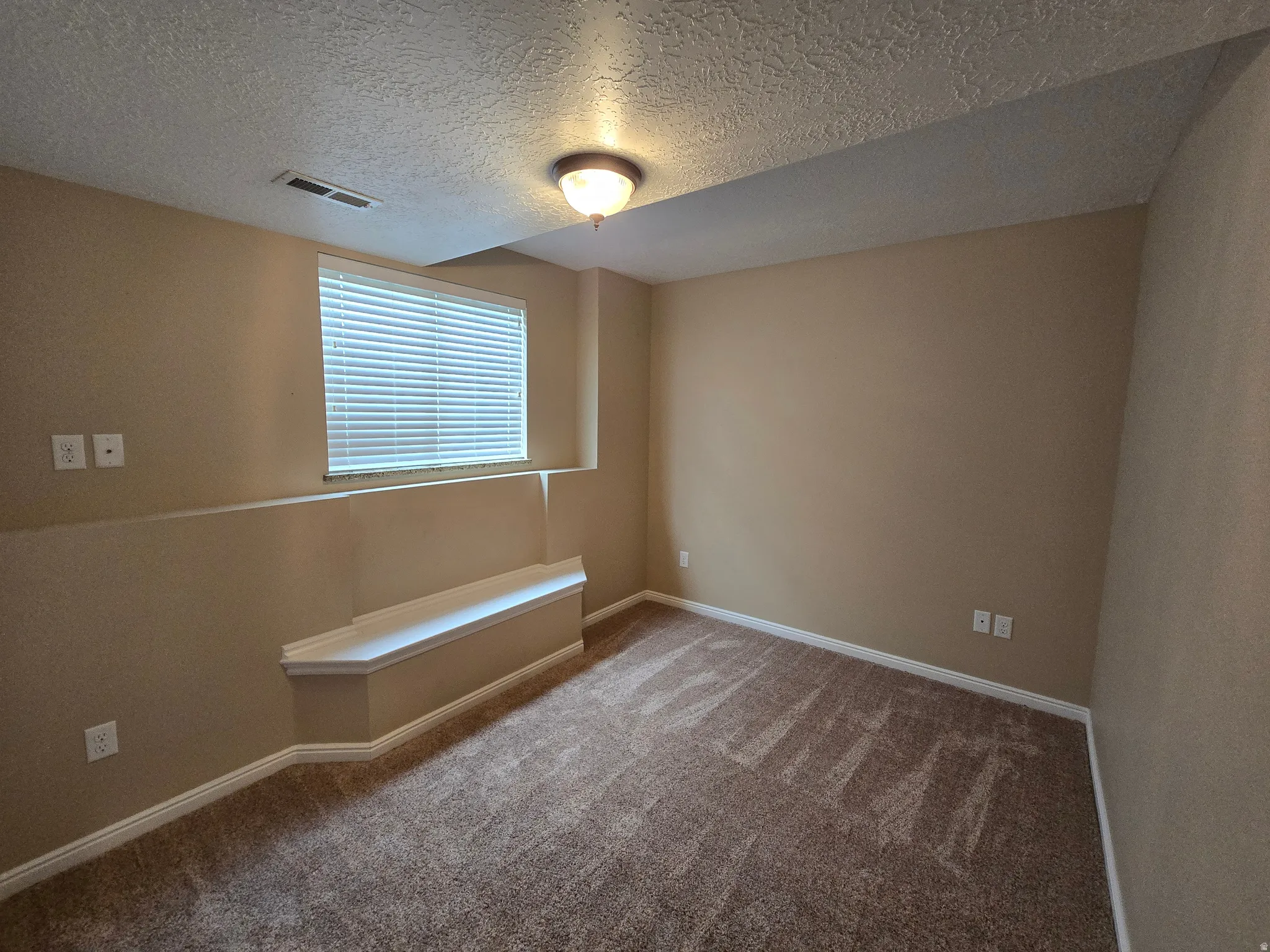 Carpeted room featuring a built-in window seat, a single window with blinds, and neutral wall tones