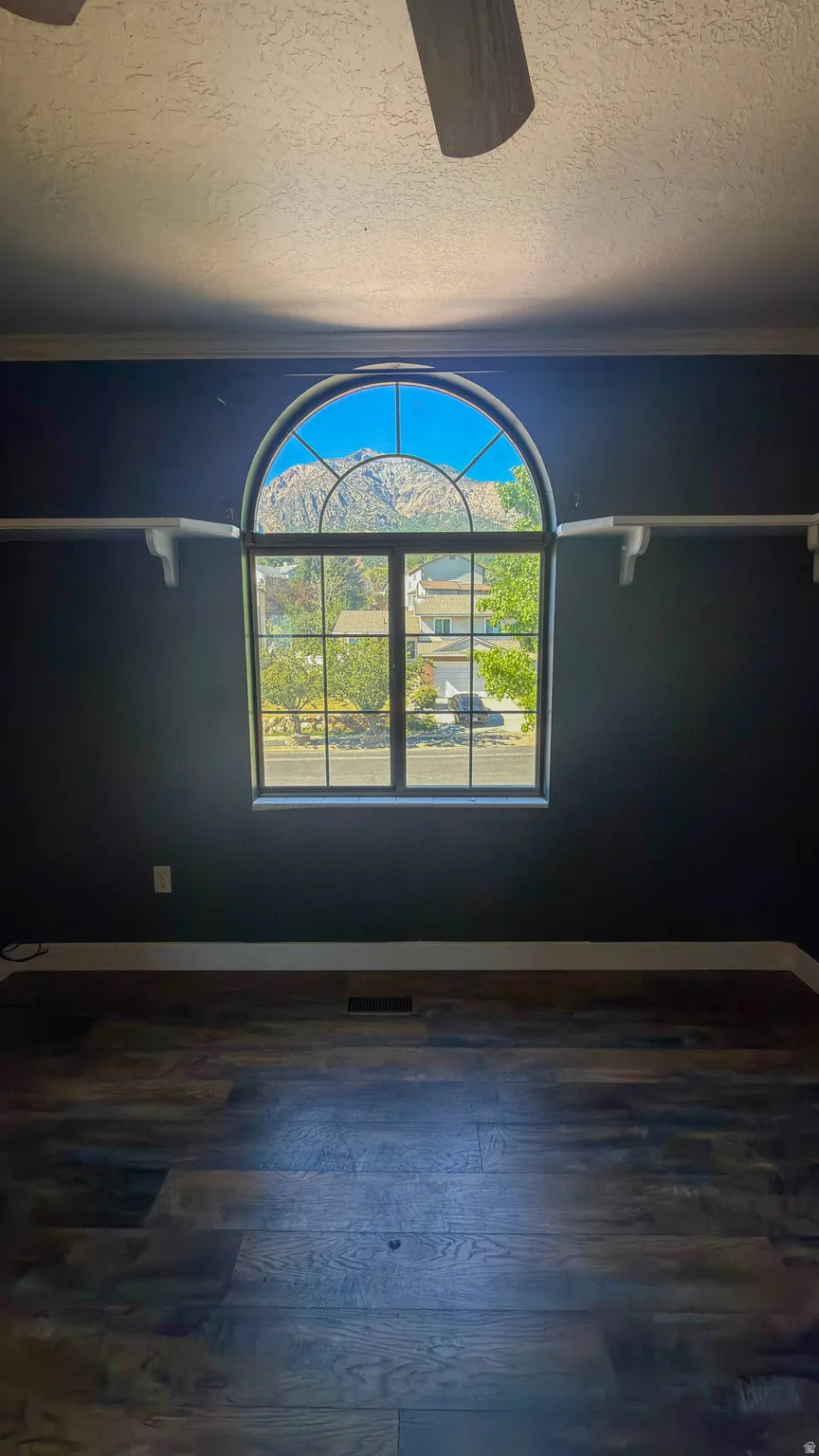 Arched window with mountain scenery and neighborhood trees