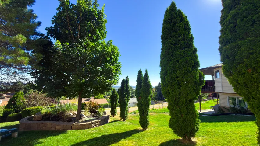 Manicured lawn with mature trees and a raised garden bed featuring stone block retaining walls