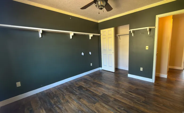 Spacious room featuring rich wood-finish flooring, dark accent walls, white baseboards, and crown molding