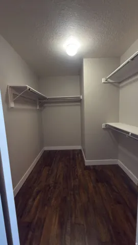 Master Bedroom spacious closet featuring wood-finish flooring, white wire shelving, and a ceiling-mounted light fixture