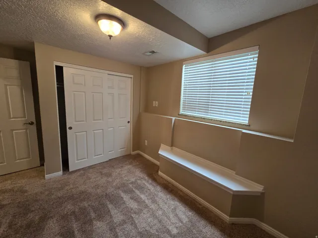 Carpeted interior space featuring a built-in window bench, white window blinds, and a double-door closet