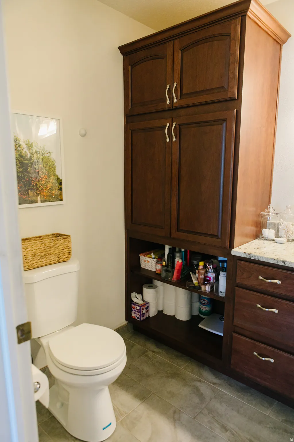 Bathroom featuring a dark wood storage cabinet with upper and lower doors, an open shelving unit, and a matching vanity with drawers