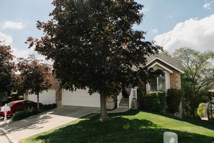 Two-car garage with white doors, sloped driveway, mature trees, and a manicured lawn