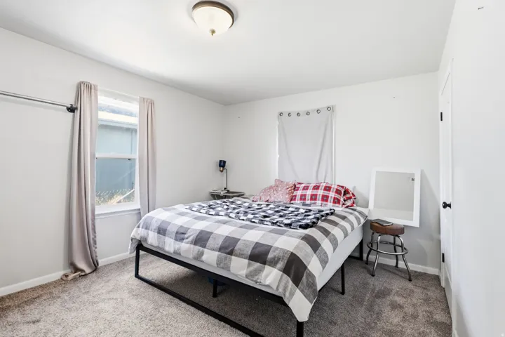 Neutral-toned bedroom featuring wall-to-wall carpeting and a ceiling-mounted light fixture