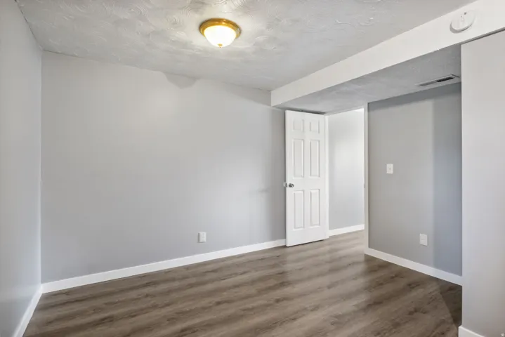 Spacious room featuring wood-finish flooring, light grey painted walls, white baseboards, a white six-panel door, and a flush-mount ceiling light fixture