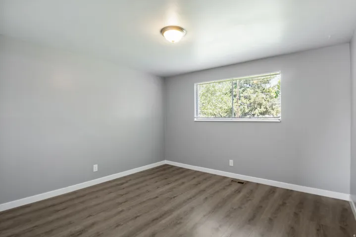 Bright interior space featuring a window with exterior foliage, overhead flush-mount lighting, light gray wall paint, white baseboards, and wood-finish flooring