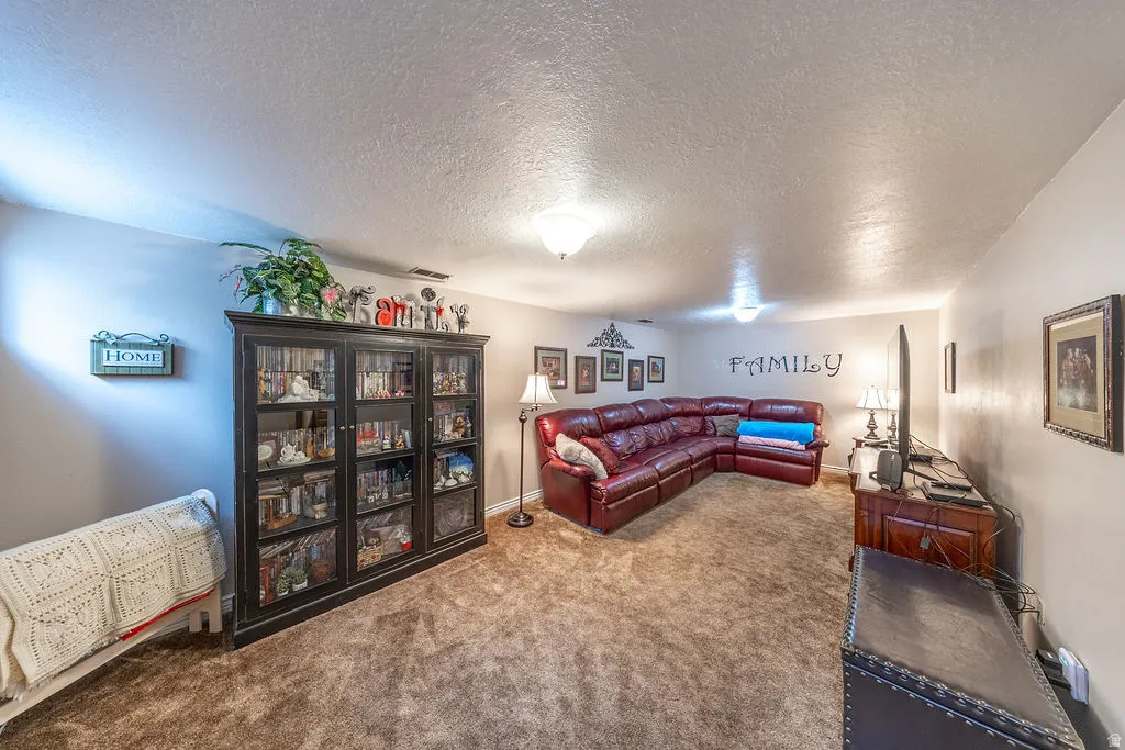 Spacious interior room with neutral-toned walls and plush carpeting