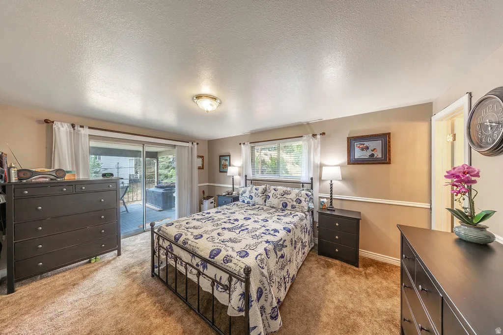 Carpeted bedroom featuring a sliding glass door to an outdoor deck, a transom window with blinds, and neutral wall tones with decorative molding