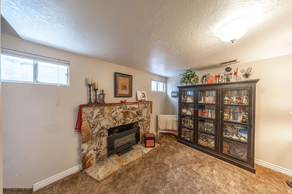 Room featuring a stone-clad fireplace with a hearth, light-colored walls, and textured carpeting