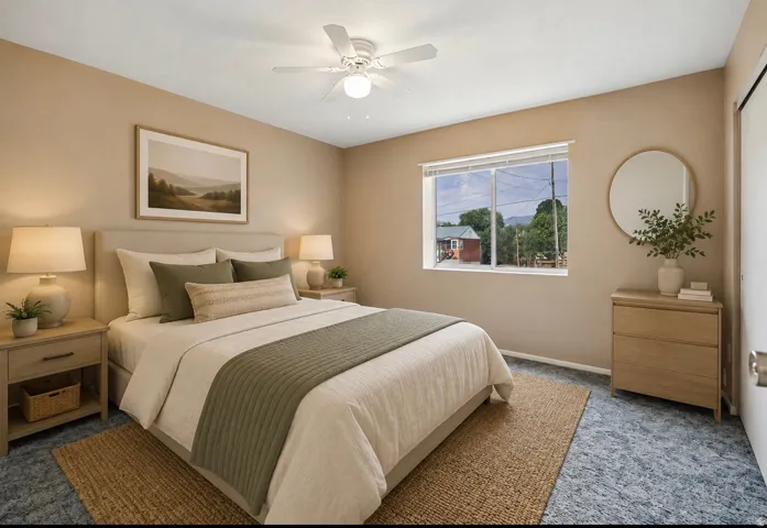 Expansive window, ceiling fan, and light-toned walls