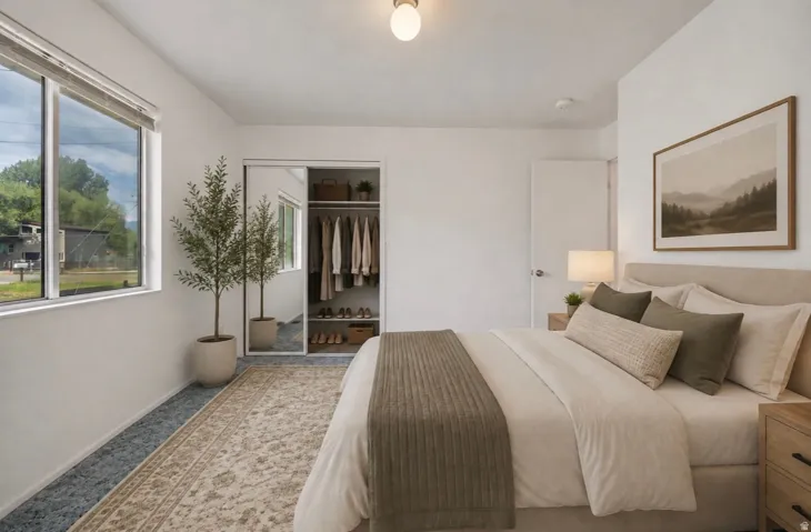 Recessed lighting, large window with blinds, mirrored closet doors, built-in closet organization, and neutral paint palette