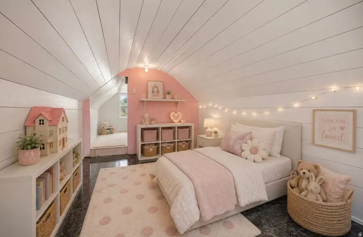 Sloped shiplap ceilings, recessed lighting, built-in shelving, and dark-finish flooring
