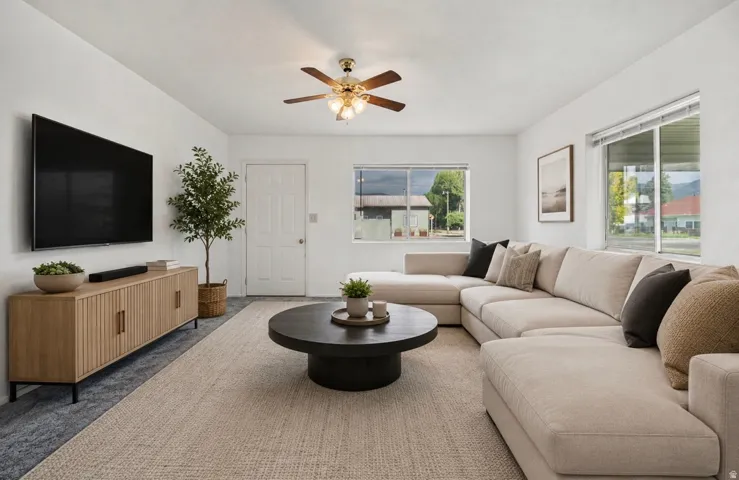 Recessed lighting, ceiling fan with light fixture, multiple windows, and light-toned walls