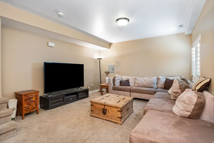 Carpeted living area featuring a built-in window shutter, recessed ceiling light, and neutral wall tones