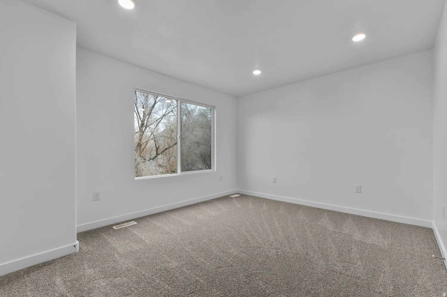 Spacious room featuring neutral carpeting, white walls, recessed ceiling lighting, and a prominent window with a natural backdrop