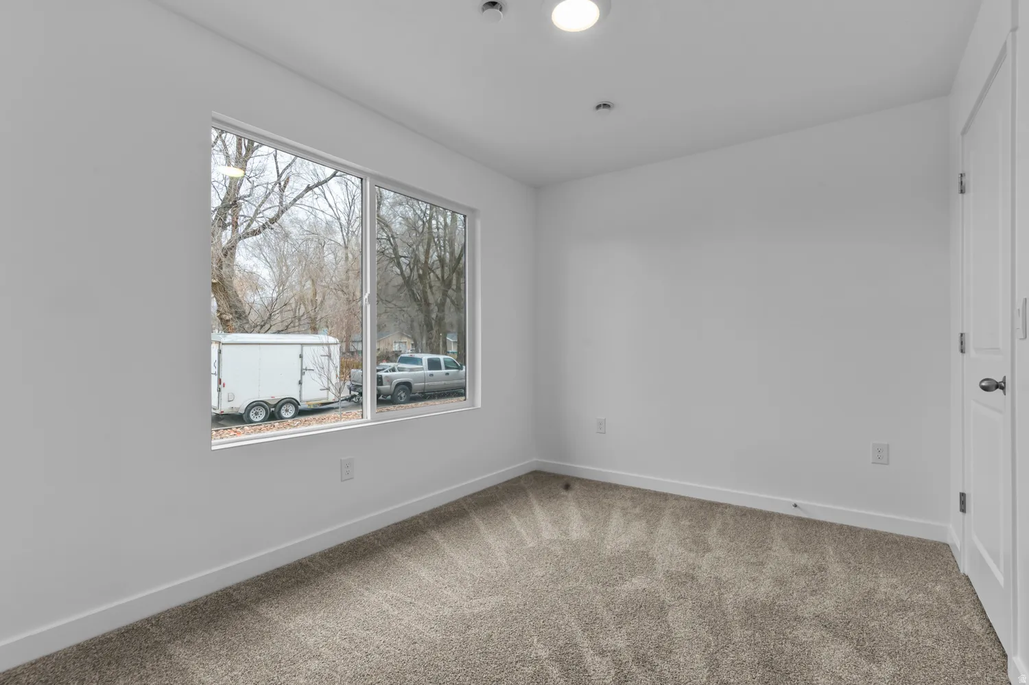 Room featuring a large window, neutral carpeting, white walls, and a ceiling-mounted light fixture