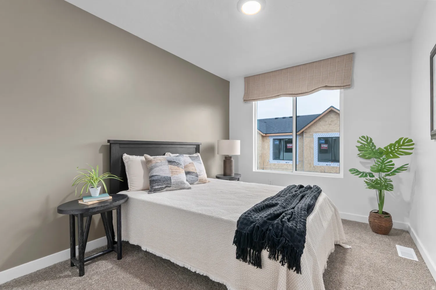 Bedroom featuring carpet flooring, two-tone wall paint, and a window with a fabric valence