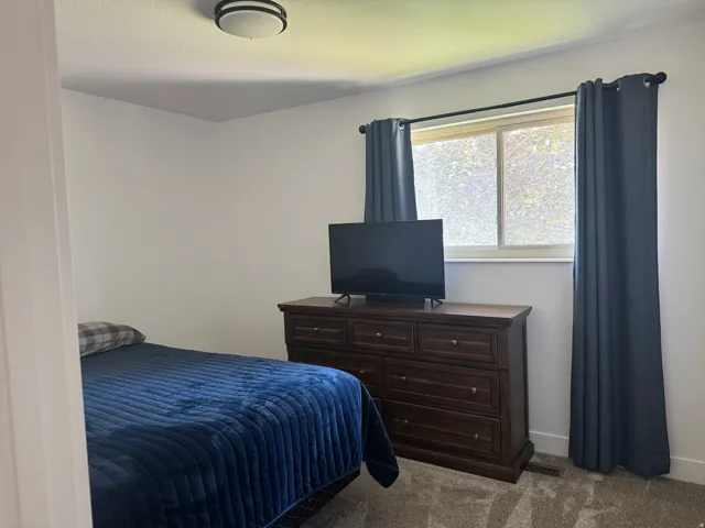 Carpeted room featuring a window with curtain rods, a ceiling-mounted light fixture, and white wall finishes