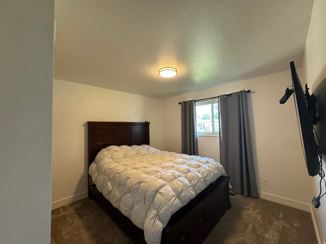 Bedroom featuring neutral wall paint, a window with gray curtains, and carpet flooring