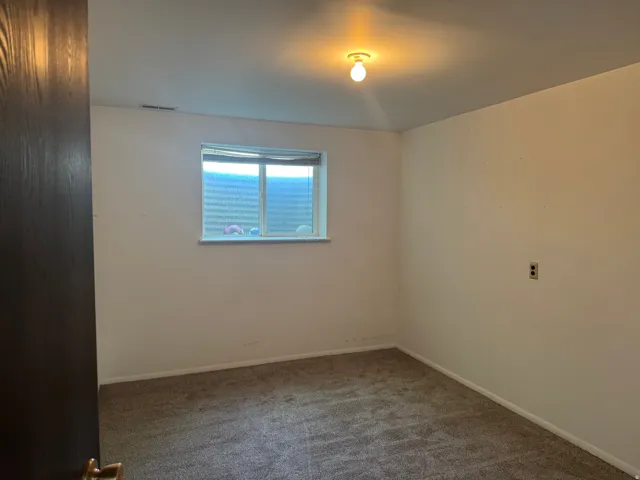 Carpeted interior space featuring a window with blinds, white walls, and a ceiling-mounted light fixture