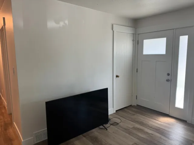 Entryway featuring a white paneled door with frosted glass inset, a corresponding frosted glass sidelight, and wood-finish flooring