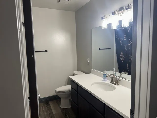 Bathroom featuring a dark wood-finish vanity, white countertop with integrated sink, brushed nickel faucet, and a wall-mounted mirror with a 3-bulb light fixture