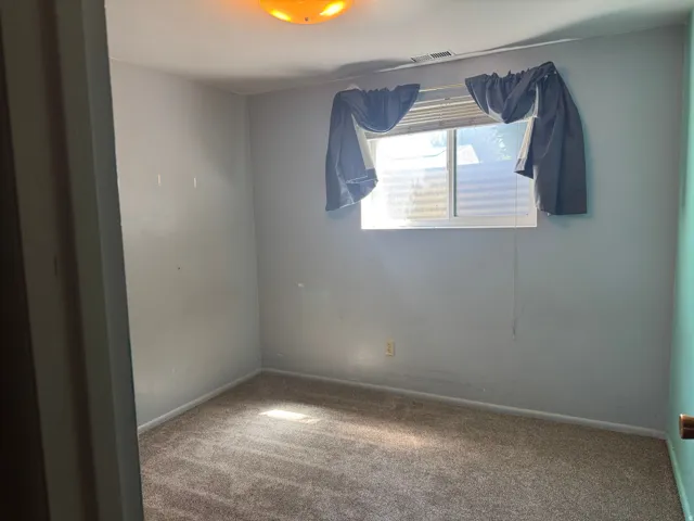 Neutral wall paint with baseboard trim and textured carpeting