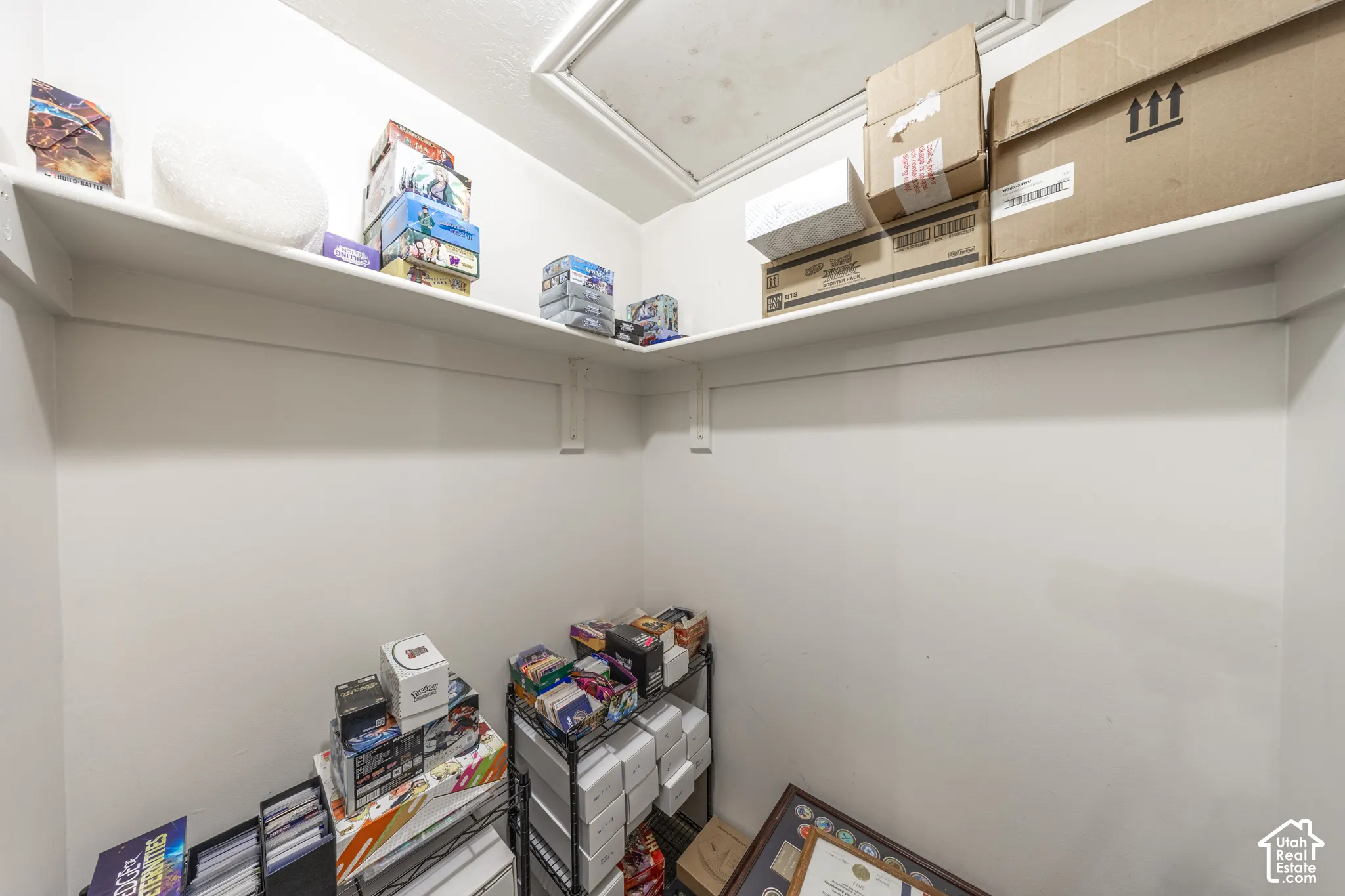 Storage area with white painted walls and ceiling