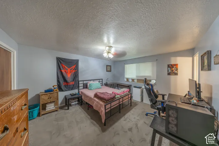 Carpeted flooring, ceiling-mounted fan with integrated lighting, window with blinds, light blue wall paint, and a brown interior door