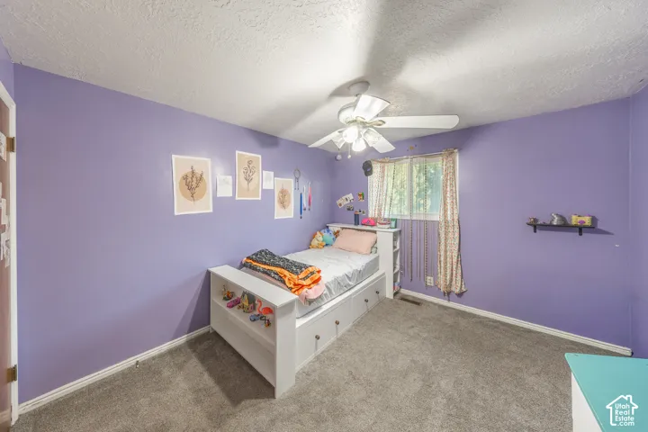 Soft carpeting, ceiling fan with integrated lighting, built-in window, and wall-mounted shelving