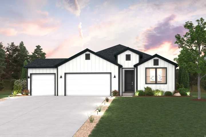 Modern farmhouse exterior featuring white board and batten siding, black trim accents, a dark asphalt shingle roof, a two-car garage, and a concrete driveway