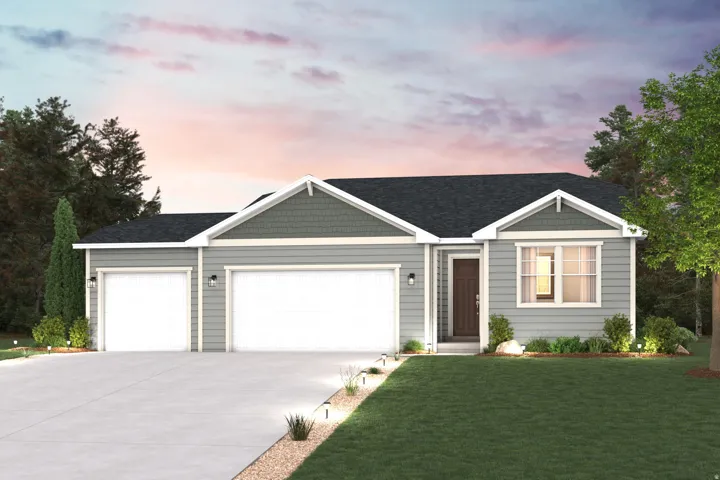Contemporary ranch-style residence featuring light grey siding with dark grey shake accents, a two-car garage, and a single-car garage