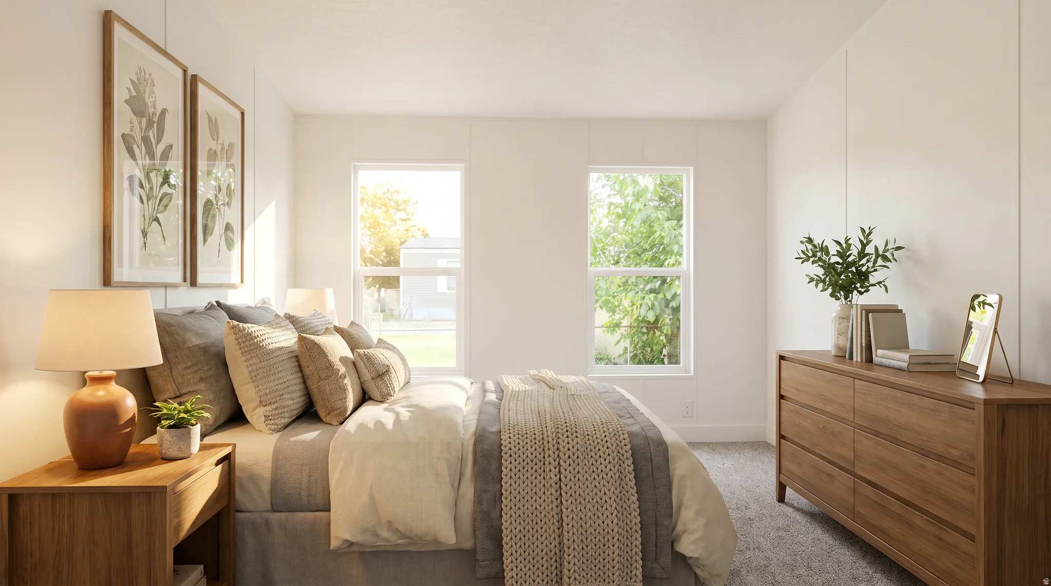 Interior room featuring two large windows, white walls, and light-colored carpeting