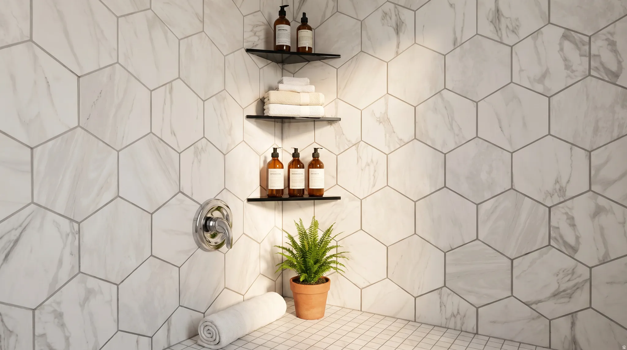 Shower enclosure featuring hexagonal wall tile, chrome shower control, and three built-in corner shelves