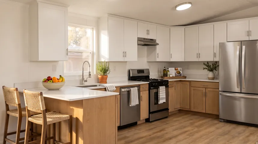 Modern kitchen featuring white upper cabinetry, wood-finish lower cabinetry, and light-toned countertops