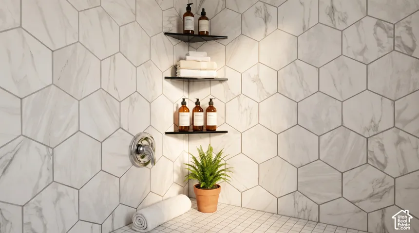 Shower enclosure featuring hexagonal wall tile, chrome shower control, and three built-in corner shelves