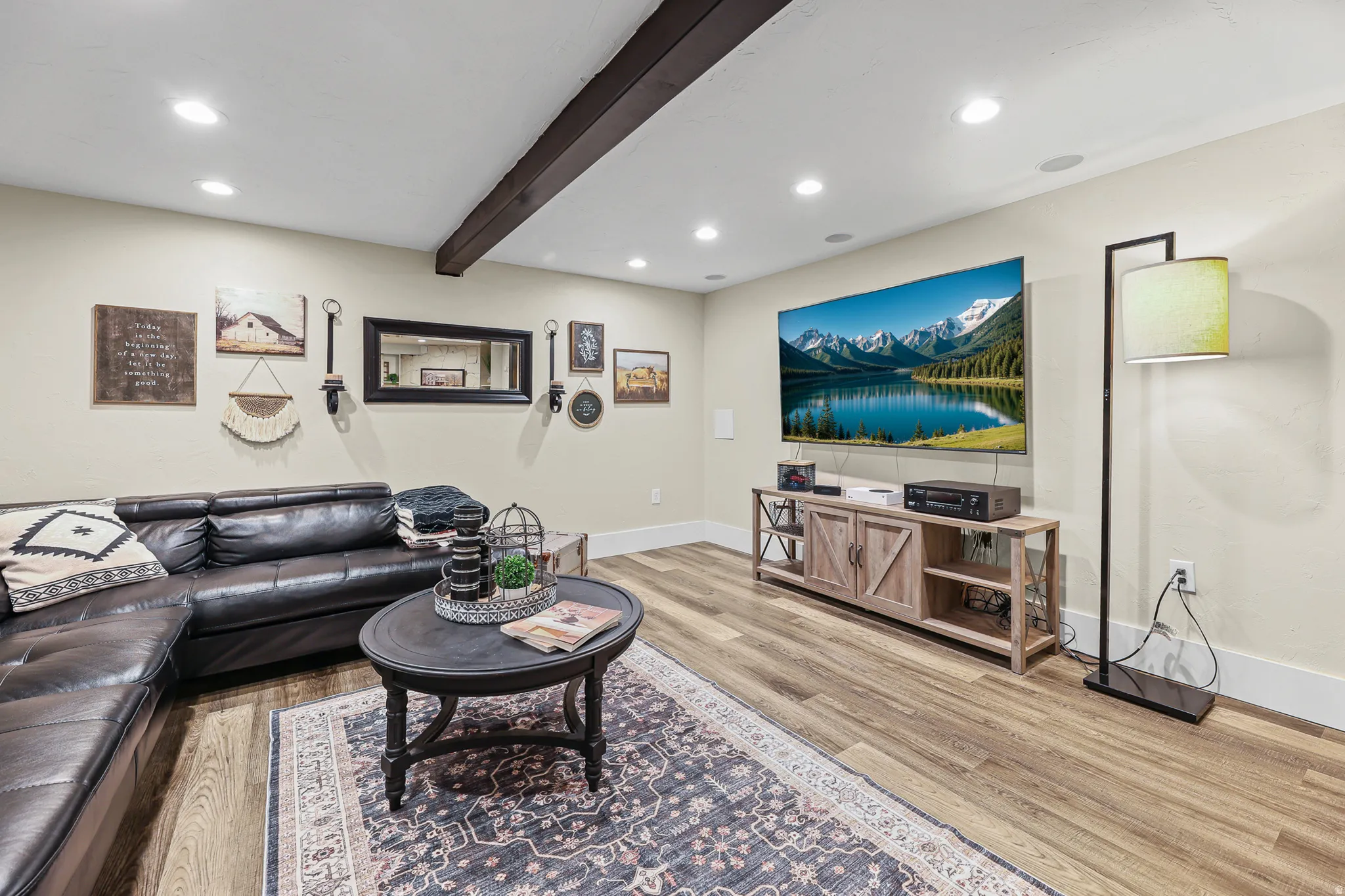 Ceiling beams create a refined living space